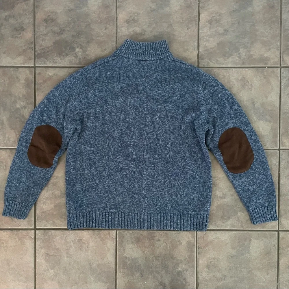 Chaps Button Mock Neck Sweater Mens Large Faux‎ Suede Elbow Patch Blue Pullover